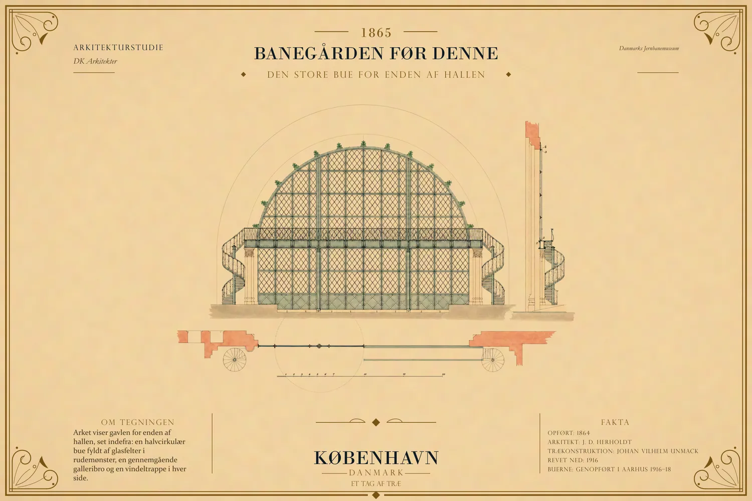 Herholdts banegård fra 1864, tegnet med den sydlige bue i træ.