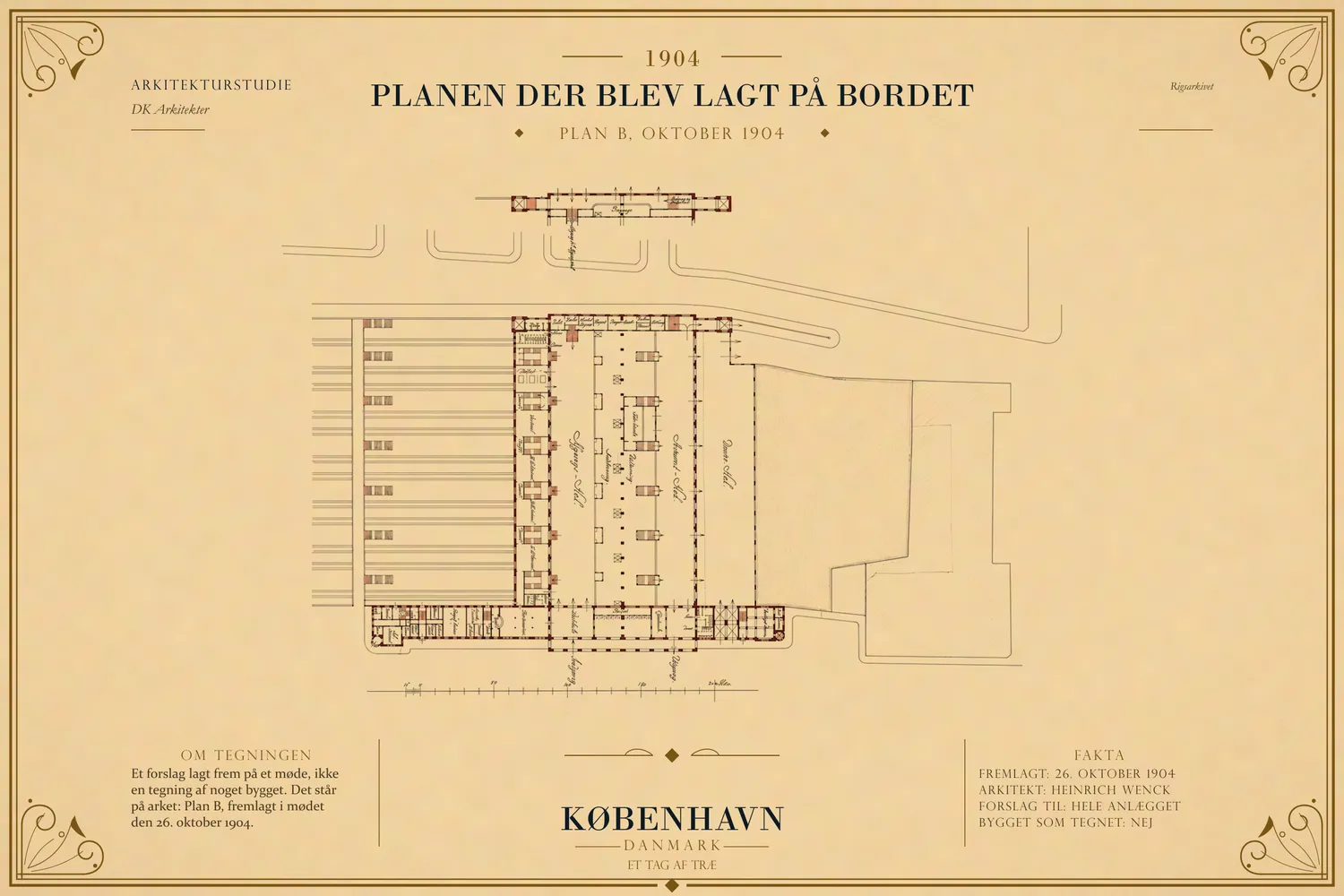Plantegning mærket Plan B, 1904, med afgangshal, ankomsthal og droskehal.