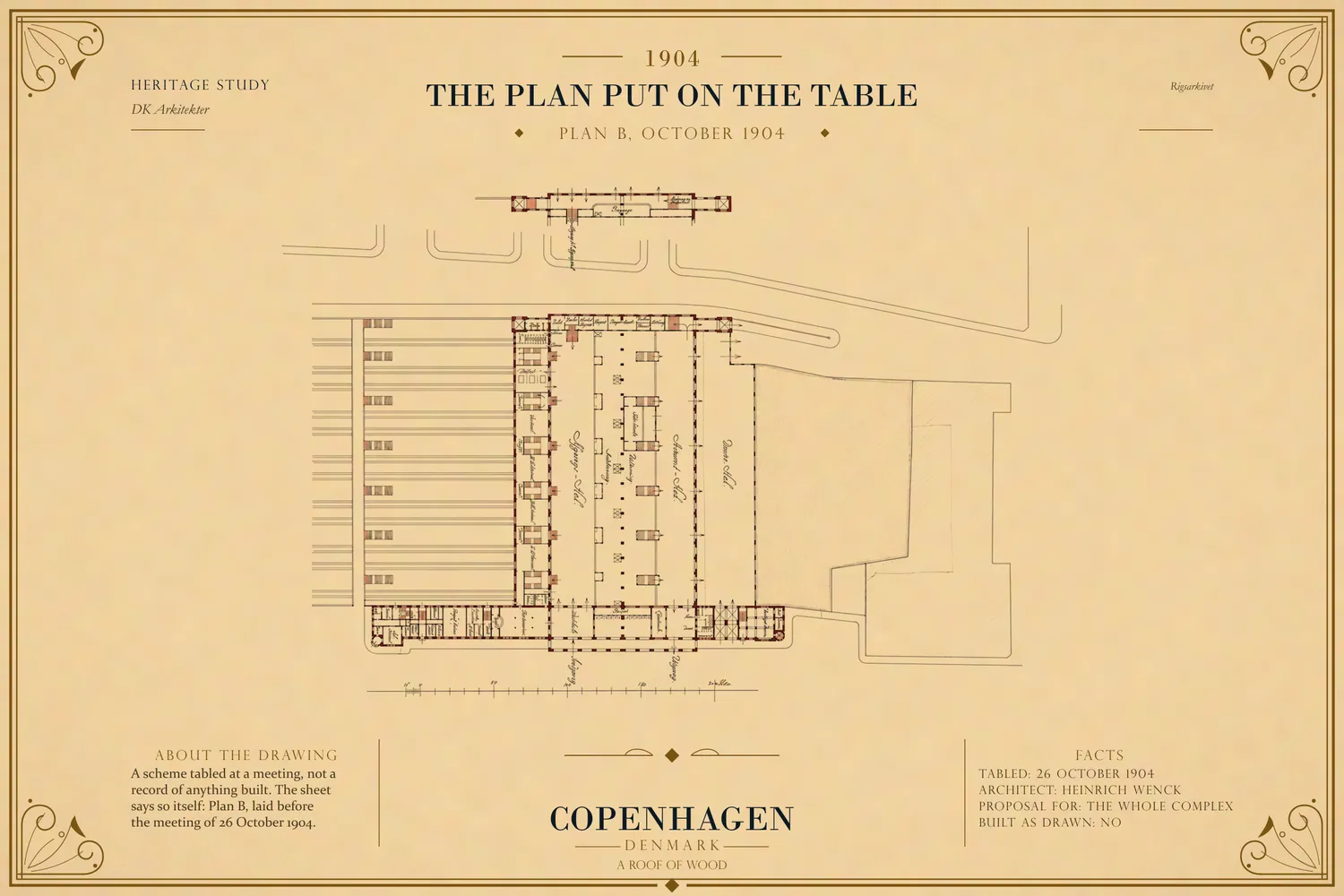 Ground plan marked Plan B, 1904, with departure hall, arrival hall and a hall for cabs.