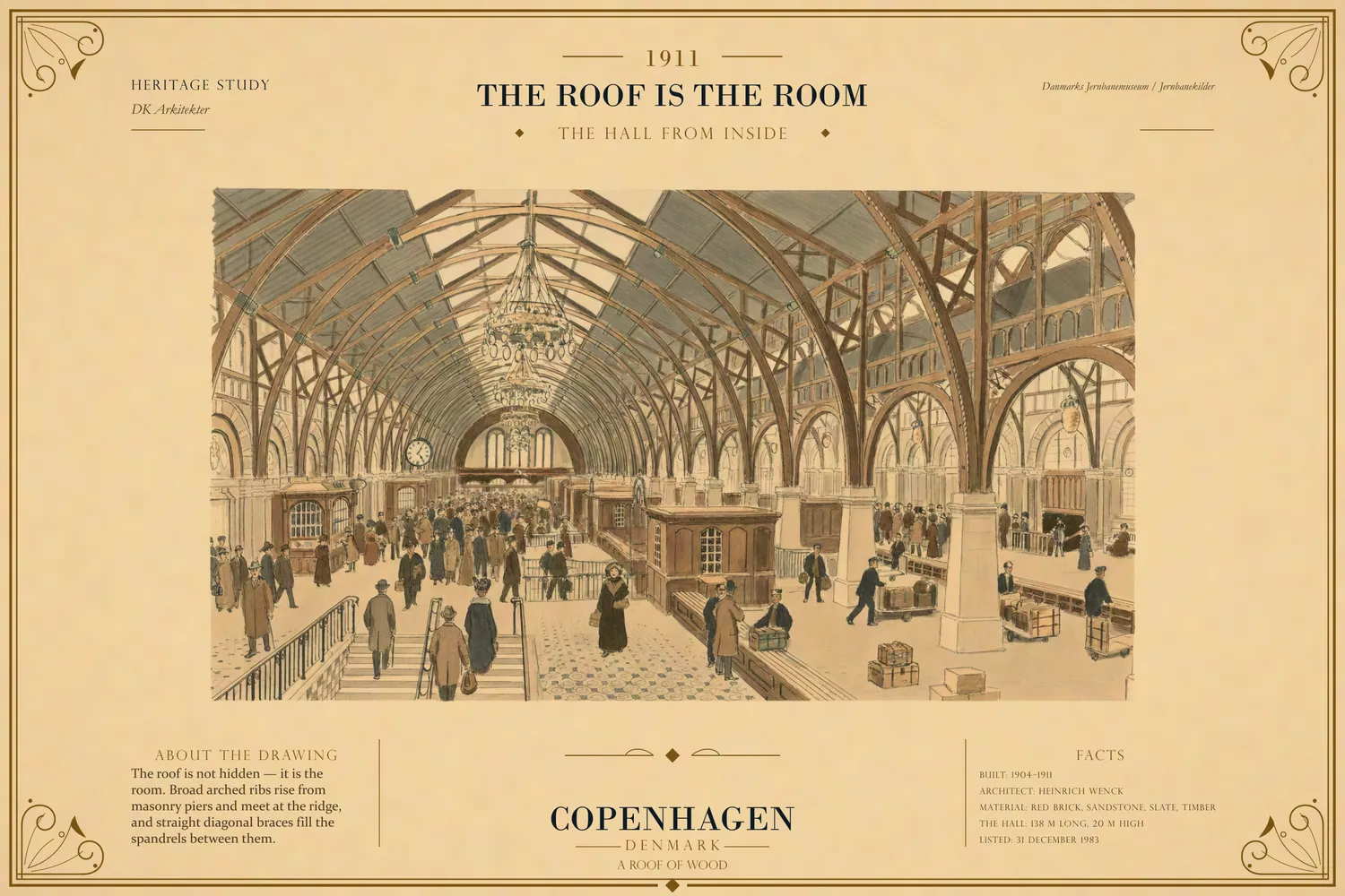 A perspective of the main hall from inside, with the timber arches and their diagonal braces.