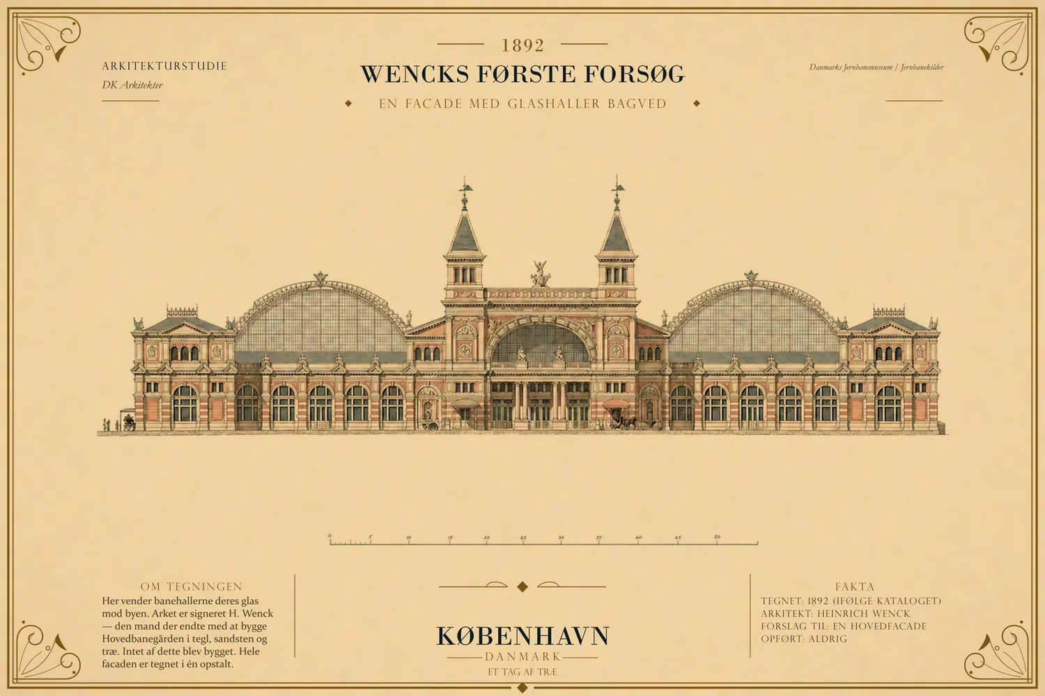 Wencks opstalt fra 1892: to store buehaller med glasgavle mod gaden.