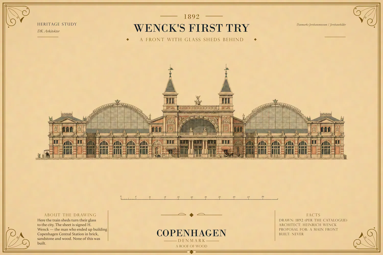 Wenck's 1892 elevation: two great arched sheds with glazed gables facing the street.