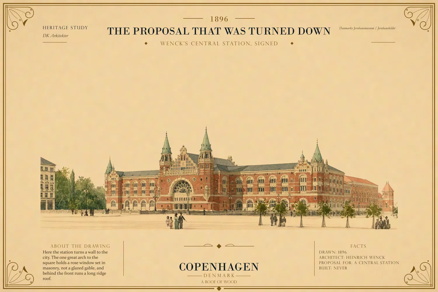 Wenck’s 1896 perspective, showing the long facade to the square.