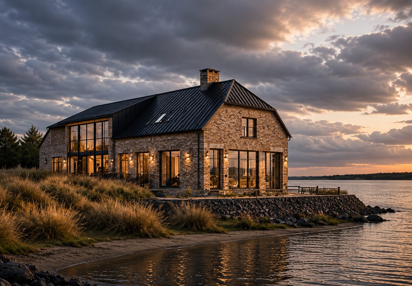 AI-genereret konceptvisual af privat kystvilla med tegl, glas og dansk bygningsarv.