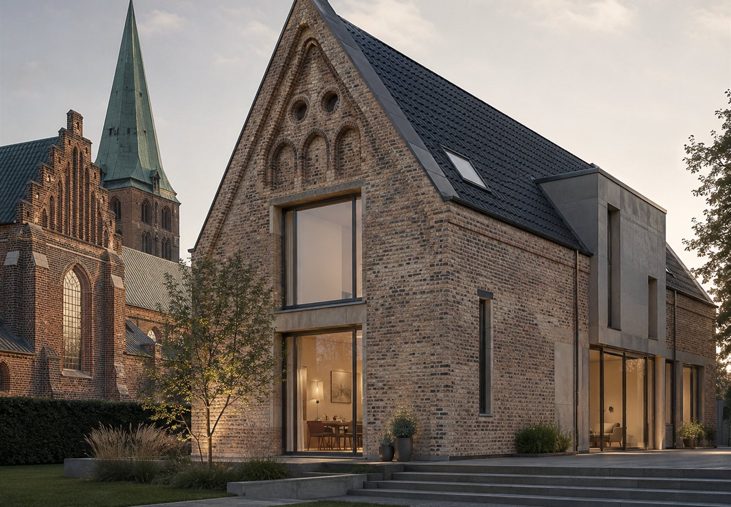 AI-genereret konceptvisual af dansk bygningsarv fortolket som moderne privat bolig.
