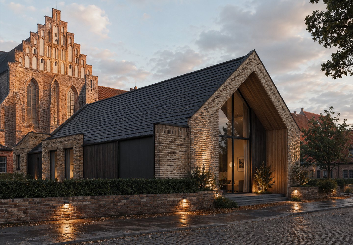 AI-genereret konceptvisual af privat teglvilla med moderne arkitektonisk indgreb.